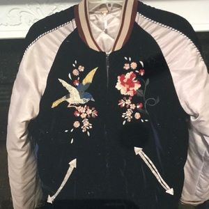 Velvet embroidered satin trim bomber jacket.